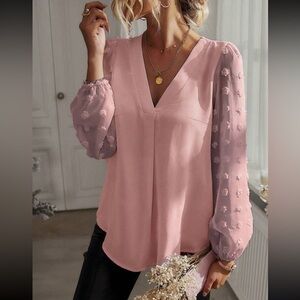 Luxe pink V neck Swiss dot sleeve blouse